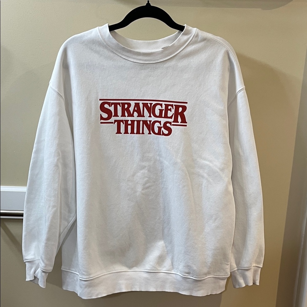 H&M White Crewneck Sweater with Red Print Stranger Things logo